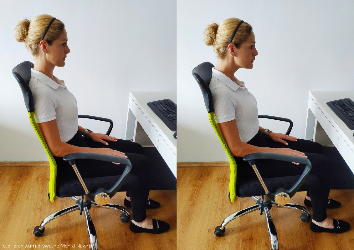 Zdjęcie obrazuje wykonanie ćwiczenia nr 2: fotografia składa się z dwóch części, na każdej z nich nasz ekspert - Monika siedzi w pozycji wyprostowanej przy biurku. Na zdjęciu z lewej strony widać, jak kobieta cofa podbródek, a z prawej - jak wysuwa.